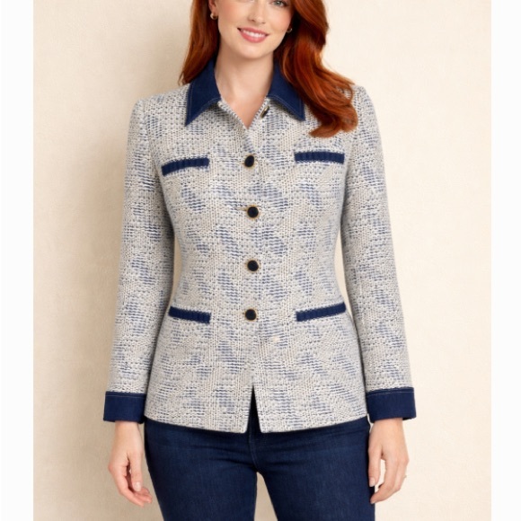 Escada Designer tweed blazer with denim accents size 34 - Picture 2 of 16